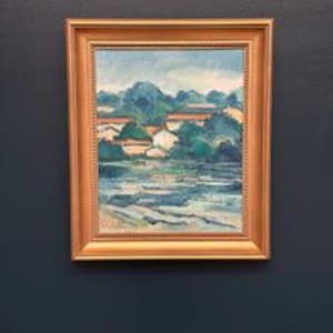 Óleo sobre lienzo original sueco – “Uppland” de Stig Hallblom – Vintage y enmarcado – 53 × 44 cm (20,9" × 17,3")