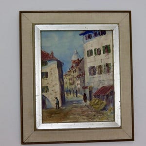 Original Mid-Century Oil On Canvas Painting&quot; European street&quot; by Lironi --Vintage & Framed