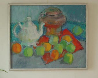 Original Swedish Mid century  Oil on Canvas – “Still Life with Tea Pot” – Leo Fritiof Katte – Vintage & Framed  67 x 56 cm (26.4" x 22")