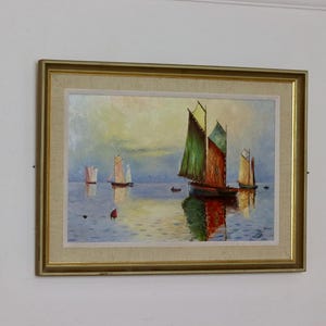 Original Swedish Mid-Century Oil On Panel Painting &quot;Ships at Sea&quot; by J.Henrik 1959 --Vintage & Framed