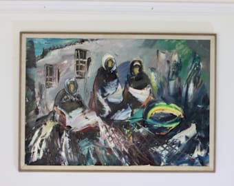 Original Swedish Mid-Century Oil on Canvas &quot;Figures&quot; by Erik Loo(1914-2004) - Vintage & Framed