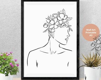 Woman Floral Line Art Print: Minimalist Home Decor (Digital Download)