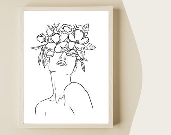 Woman Floral Line Art Print: Minimalist Home Decor (Digital Download)