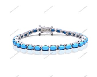Natural Oval Turquoise, Turquoise Tennis Bracelet, Dainty Bracelet, 925 Sterling Silver Turquoise Bracelet, Minimalist Bracelet Gift for Her