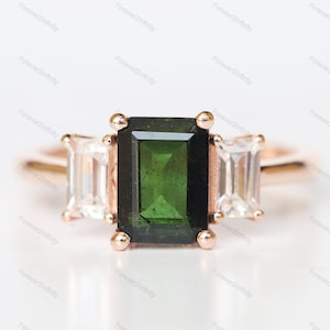 Emerald cut Natural Dark Green Tourmaline Engagement Ring, October Birthstone Green Tourmaline Promise Ring For Women, Three Stone Ring