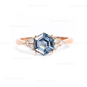 Unique 14k Rose Gold Aquamarine Ring For Women, Vintage Hexagon Aquamarine Engagement Ring Diamond Dainty Promise Ring Birthday Gift For Her