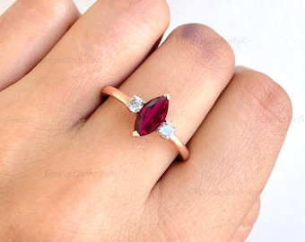 Vintage marquise ruby verlovingsring, art deco ruby trouwring, diamanten beloftering voor vrouwen, verjaardagscadeau voor haar, minimalistische ring
