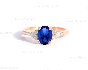 14K Rose Gold Blue Sapphire Ring, Vintage Oval Blue Sapphire Engagement Ring, Sapphire Promise Ring For Women, September Birthstone Gift Her