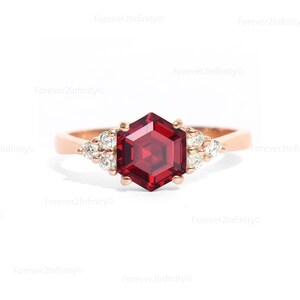 14k Rose Gold Hexagon Ruby Engagement Ring, Vintage Ruby Ring For Women, Diamond Dainty Promise Ring, Unique Bridal Birthday Gift For Her