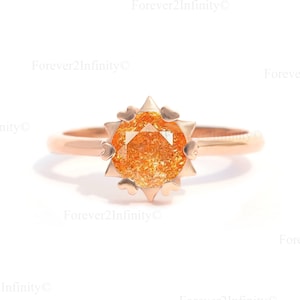 Runder Gold Sandstein Solitär Ring, Natürlicher oranger Sandstein Ring, Sonnenstein Solitär Versprechen Ring, Jahrestag Geburtstagsgeschenk für sie