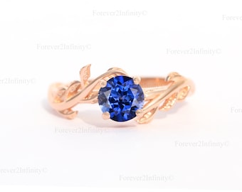 Vintage Round Blue Sapphire Engagement Ring, Leaf Cornflower Blue Sapphire Ring, Promise Ring For Her, September Birthstone Anniversary Gift