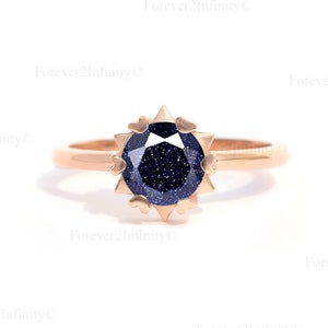 Round Cut Galaxy Sandstone Solitaire Ring, Blue Sandstone Engagement Ring, Nebula Ring, Promise Ring, Outer Space Ring, Anniversary Gift