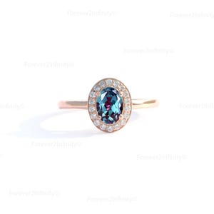 14k roségouden alexandrietring, vintage ovale vorm alexandriet verlovingsring voor vrouwen, sierlijke beloftering, uniek solitaire cadeau voor haar