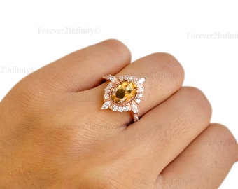 Art Deco Citrien Ring, Natuurlijke Citrien Verlovingsring, Cluster Diamond Ring, Gele Edelsteen Promise Ring, November Birthstone Cadeau voor haar