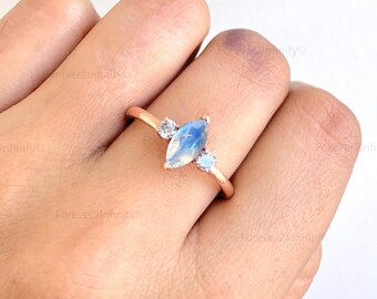 Natural Marquise Moonstone Engagement Ring For Women, Vintage Moonstone Bridal Ring, Diamond Promise Ring, Minimalist Birthday Gift For Her