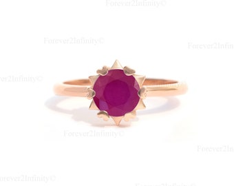14K Rose Gold Ruby Solitaire Ring, Vintage Round Ruby Engagement Ring, Unique Ruby Promise Ring, July Birthstone, Anniversary Gift For Her