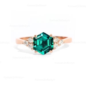 Vintage Hexagon Emerald Ring For Women, 14k Rose Gold Green Emerald Engagement Ring, Dainty Promise Ring, Unique Birthday Gift For Her