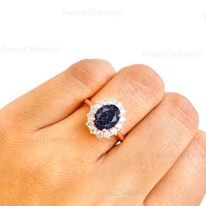 Natural Blue Sandstone Engagement Ring, Vintage Oval Sandstone Ring, Halo Galaxy Outer Space Ring, Nebula Ring, Promise Ring, Anniversary