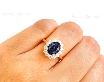 Natural Blue Sandstone Engagement Ring, Vintage Oval Sandstone Ring, Halo Galaxy Outer Space Ring, Nebula Ring, Promise Ring, Anniversary