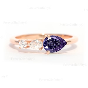 Vintage Galaxy Sandstone Engagement Ring, Pear Blue Sandstone Ring, 3 Stone Unique Women Bridal Promise Ring, Nebula Ring, Outer Space Ring