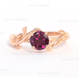 Natural Rhodolite Garnet Engagement Ring, Leaf Flower Round Garnet Ring, Eva Garnet Promise Ring January Birthstone Anniversary Gift For Her