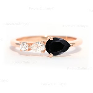 Natural Black Onyx Engagement Ring, Vintage Pear Black Onyx Ring, 3 Stone Unique Women Bridal Promise Ring Gift, Anniversary Gift For Her