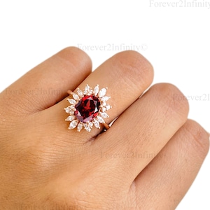 Vintage Unique Garnet Engagement Ring, Natural Red Garnet Wedding Ring, Cluster Diamond Promise Ring, January Birthstone, Anniversary Gift