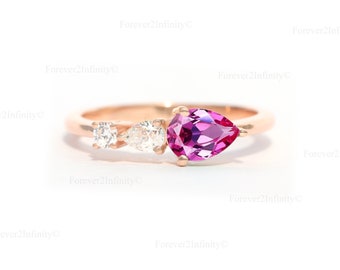 Vintage Pink Sapphire Engagement Ring, Pear Sapphire Ring, 3 Stone Unique Women Bridal Promise Ring, September Birthstone, Anniversary Gift