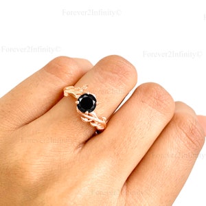 Vintage Black Onyx Engagement Ring, Natural Round Onyx Ring, Nature Inspired Leaf Ring, Black Gemstone Promise Ring Anniversary Wedding Ring