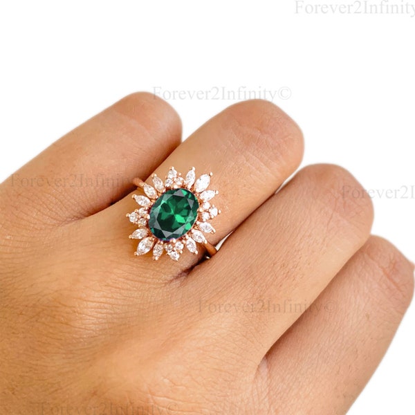 Unique Oval Emerald Ring, Vintage Emerald Engagement Ring, Marquise Cluster Diamond Promise Ring For Women, May Birthstone, Wedding Gift Her