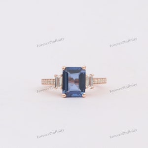 Unique Blue Sapphire Engagement Ring, Emerald Cut Engagement Ring For Woman, Sapphire Promise Ring, September Birthstone, Anniversary Gift