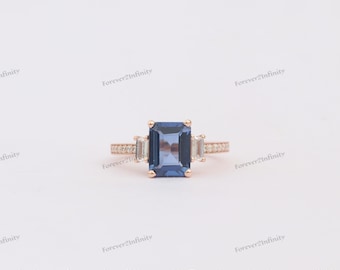 Unique Blue Sapphire Engagement Ring, Emerald Cut Engagement Ring For Woman, Sapphire Promise Ring, September Birthstone, Anniversary Gift