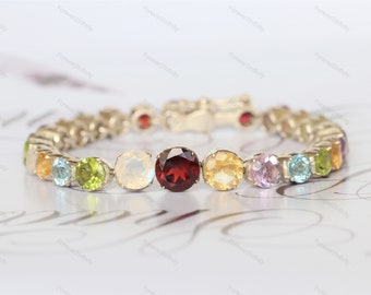Natural Six family Gemstone bracelet Moonstone, Garnet, Citrine, Amethyst, Aquamarine and Peridot birthstone bracelet, 925 sterling silver