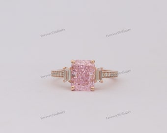Anello di fidanzamento con diamante rosa, anello baguette, favoloso diamante rosa vivido, anello da donna con diamante rosa, anello di promessa, regalo di anniversario per lei