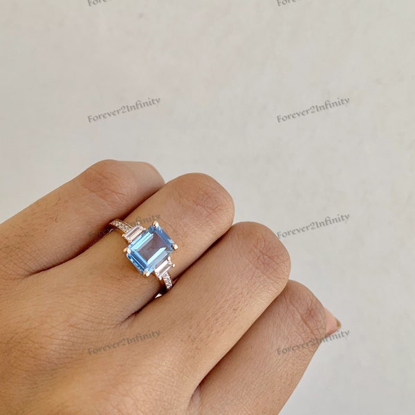 Vintage Aquamarine Engagement Ring, Unique Emerald Cut Aquamarine Ring, Blue Promise Ring For Women, March Birthstone, Anniversary Gift