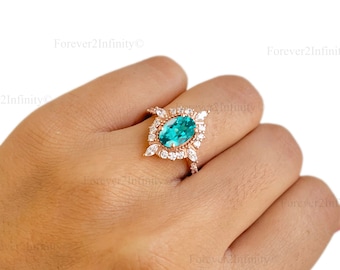 Anillo de bodas de turmalina Paraiba Art Deco, anillo de compromiso de turmalina Paraiba vintage, anillo de compromiso nupcial, piedra natal de octubre, regalo para ella