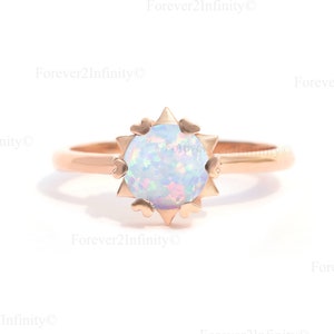 Natural Round Cut Opal Ring, Vintage Opal Solitaire Engagement Ring, October Birthstone, White Fire Opal Promise Ring, Anniversary Gifts Her