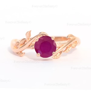 Vintage robijnrode verlovingsring, 14K roségouden ronde robijnrode ring, door de natuur geïnspireerde beloftering, geboortesteen juli, jubileumcadeau voor haar