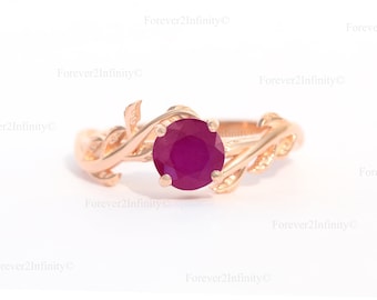 Vintage Ruby Engagement Ring, 14K Rose Gold Leaf Round Ruby Ring, Nature Inspired Promise Ring, July Birthstone, Anniversary Gift For Her