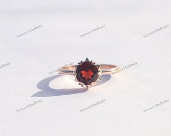 Anillo de compromiso de granate natural, anillo de granate rojo redondo para mujer, piedra preciosa roja, piedra natal de enero, anillo de promesa, regalo de aniversario para ella