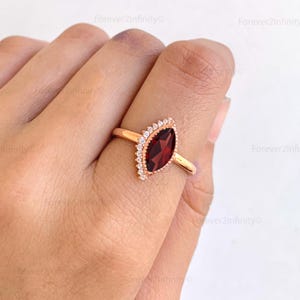 Natural Marquise Garnet & Diamond Engagement Ring, 14k Rose Gold Vintage Red Garnet Wedding Ring, Dainty Promise Ring Birthday Gifts For Her