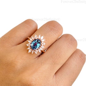 Ovale alexandriet verlovingsring, vintage alexandriet trouwring, unieke diamanten beloftering, geboortesteen juni, verjaardag verjaardagscadeaus