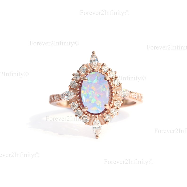 Art Deco Opal Engagement Ring, Natural Oval Opal Wedding Ring, Cluster ...