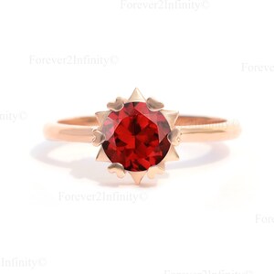 14K Solid Gold Round Garnet Engagement Ring, Natural Garnet Solitaire Ring, Bridal Promise Ring, January Birthstone Anniversary Gift For Her