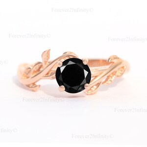 Natural Black Onyx Engagement Ring, Round Black Diamond Ring, Onyx Twig And Leaf Ring, Bridal Promise Ring, Black Gemstone Anniversary Ring