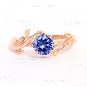 Round Tanzanite Engagement Ring, Vintage Tanzanite Solitaire Ring, Leaf Flower Promise Ring For Women, Anniversary Birthday Gift For Her