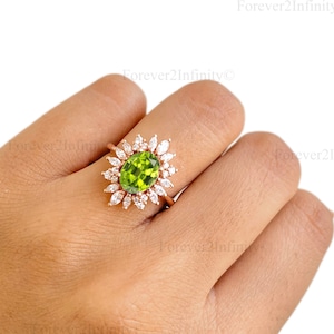 Genuine Peridot Engagement Ring, Natural Peridot Wedding Ring, Marquise Cluster Diamond Promise Ring, August Birthstone, Anniversary Gifts