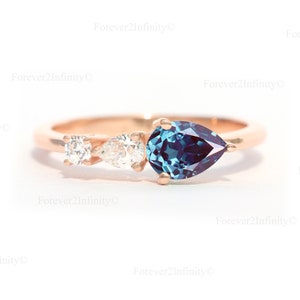 Pear Alexandrite Engagement Ring, Vintage Alexandrite Color Changing Ring, 3 Stone Unique Women Bridal Promise Ring Anniversary Gift For Her