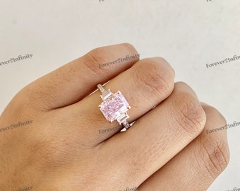 2.5 Carat IGI Ceritifed Fancy Vivid Pink Color VVS2 Round Ideal Cut Lab Grown Three Stone Diamond Engagement Ring Half Moon Side Diamonds Etsy