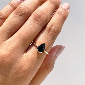Natural Pear Shaped Black Onyx Engagement Ring, Vintage Black Onyx Solitaire Ring, Promise Ring For Women, Minimalist Proposal Ring Gift Her